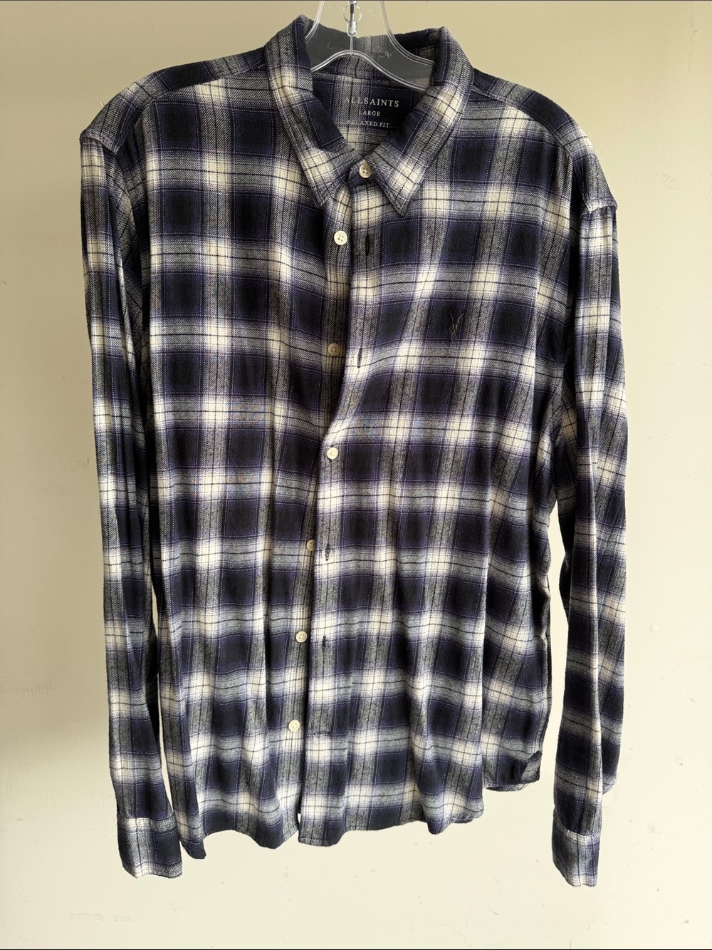 All Saints Men's Navy & White Plaid Button-Down Shirt